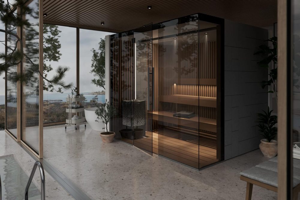 Tylö sauna interior with warm wood and glass