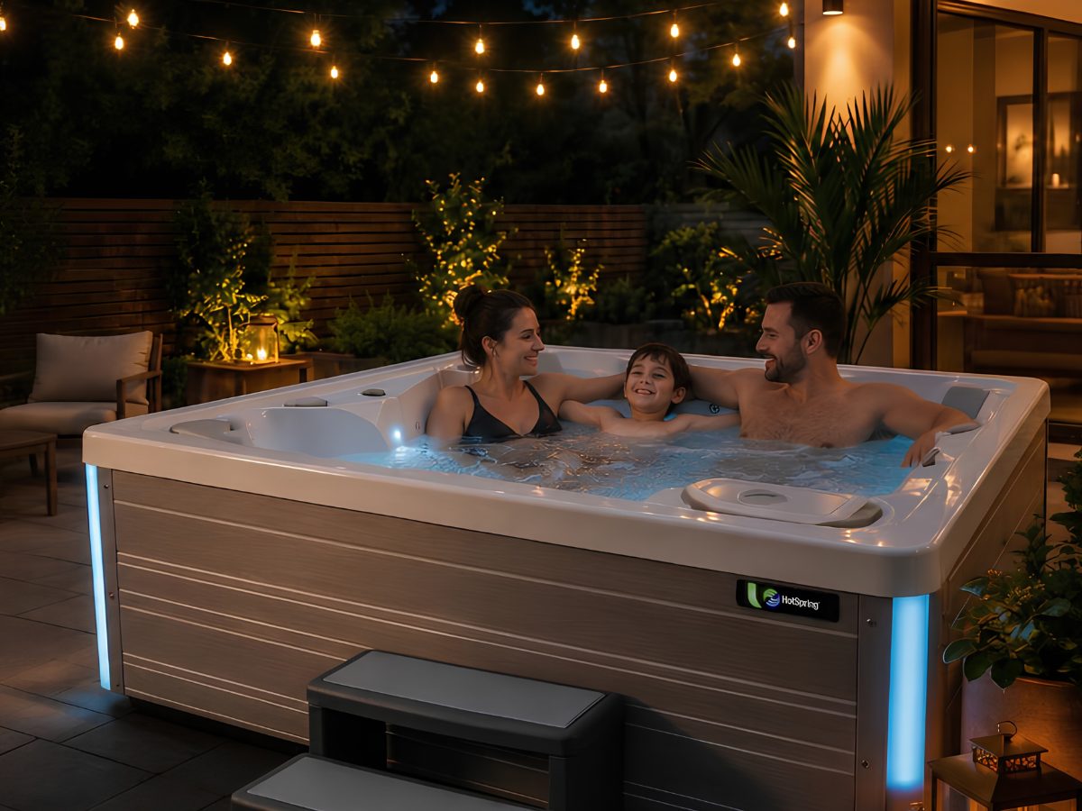 Family relaxing together in a Hot Spring hot tub on a warm evening, lit by backyard string lights